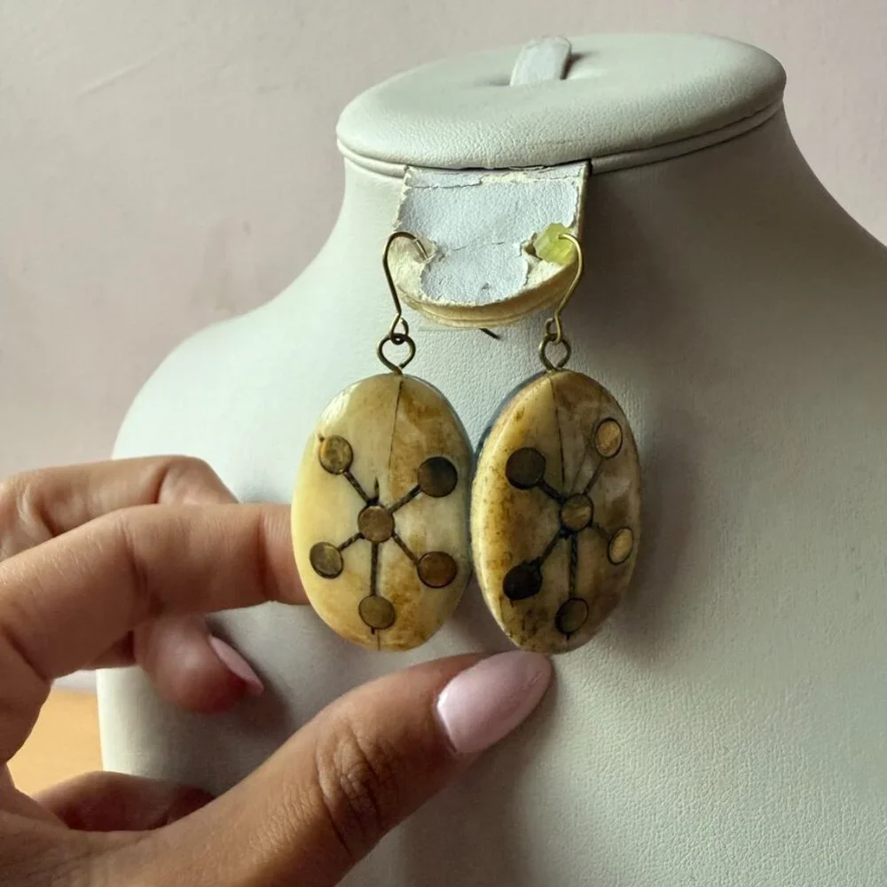 LARGE OVAL FAUX BONE GOLD TONE ACCENTS STATEMENT EARRINGS